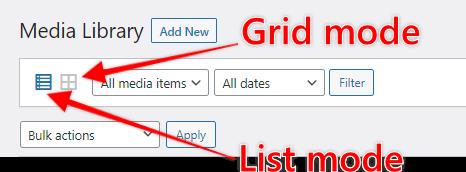 wordpress media library list vs grid view